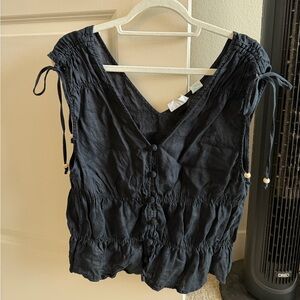 100% Linen Black V-Neck Sleeveless Button Front Top